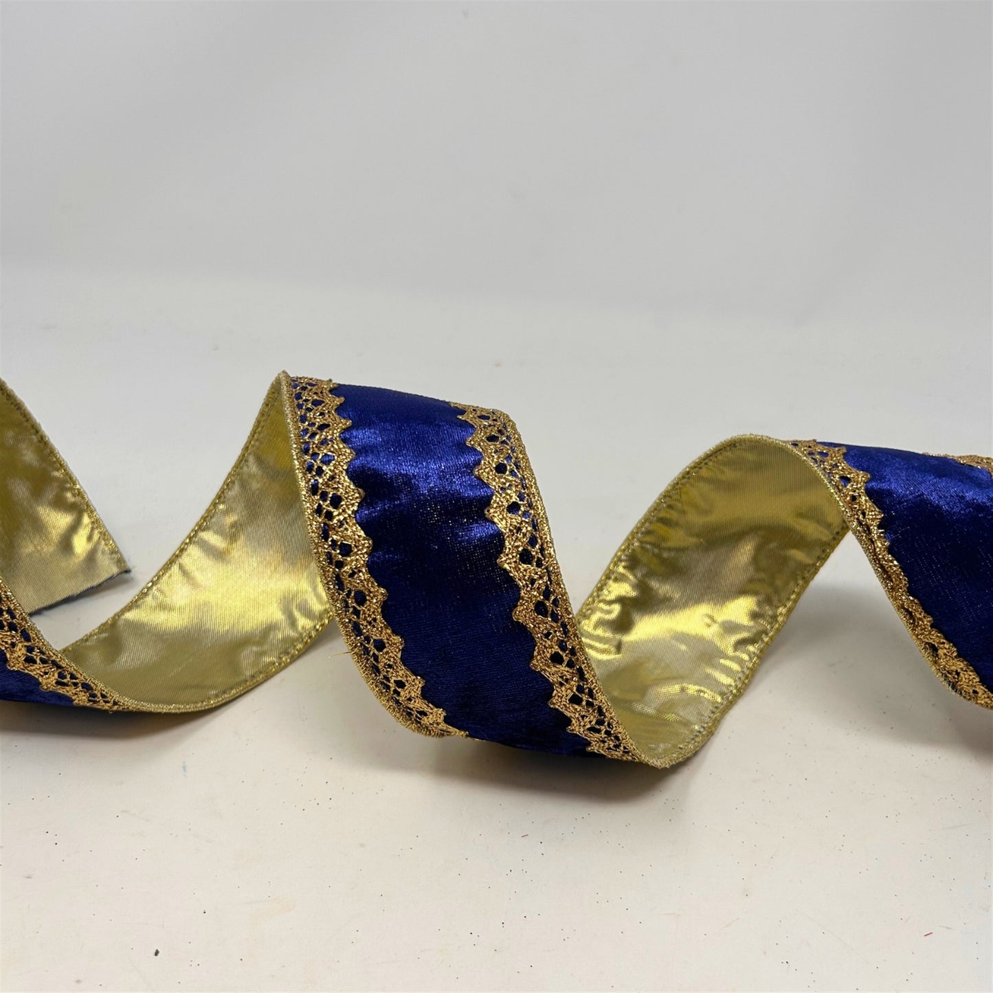 Velvet Ribbon w/ Gold Trim Edge and Gold Back 2.5" x 10yd - Navy | CRR