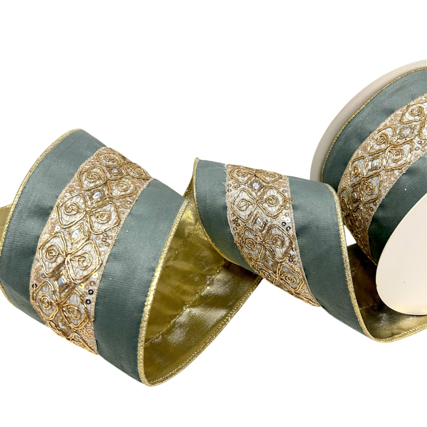 Embossed Gold Trim om Soft Aqua Ribbon 4" x 10yd | CRR