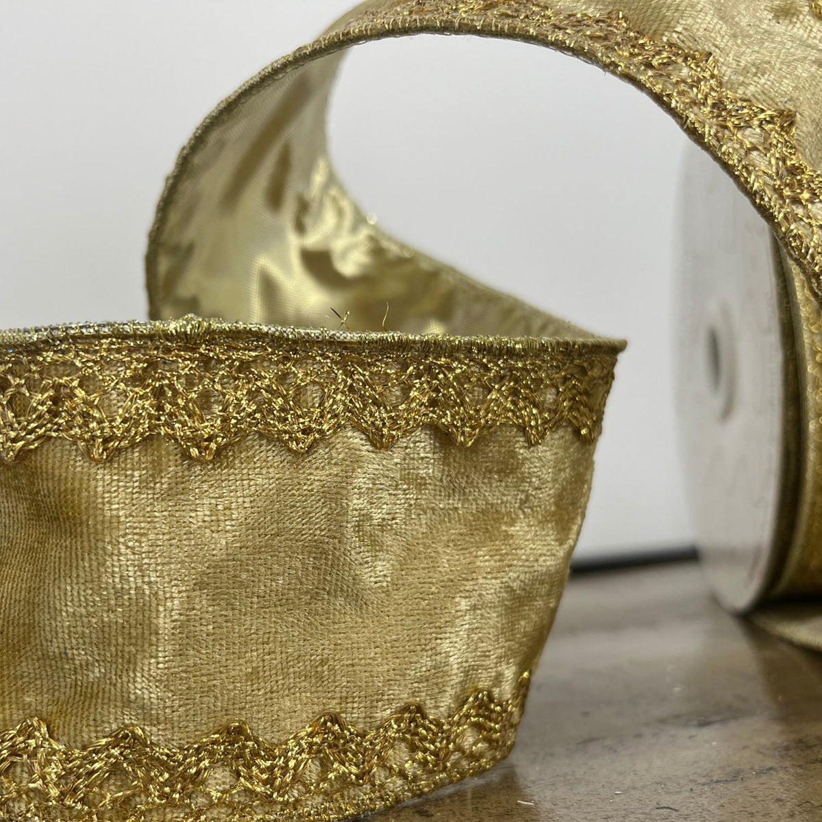 Flocked Gold Velvet Ribbon w/ Gold Edge Trim 2.5" x 10yd | CRR