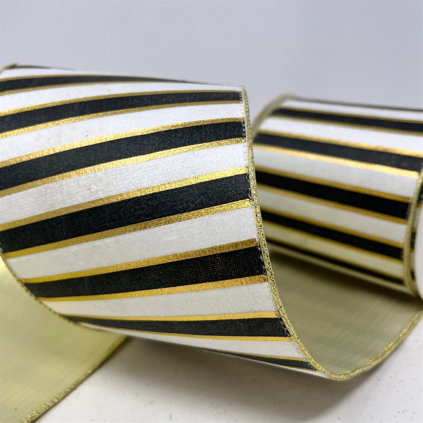 Black/White/Gold Stripe Ribbon Platinum Back 4"x 10yd | CRR