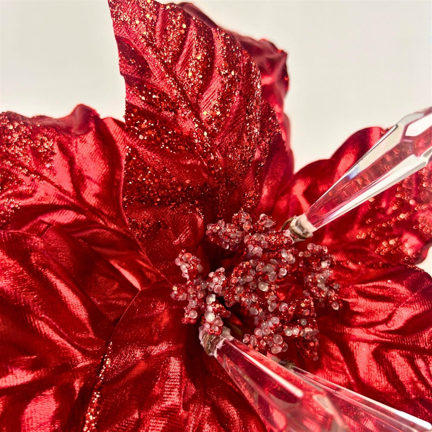 Glistening Metallic Crystal Poinsettia Stem - Red H:27" X D:16" | KS