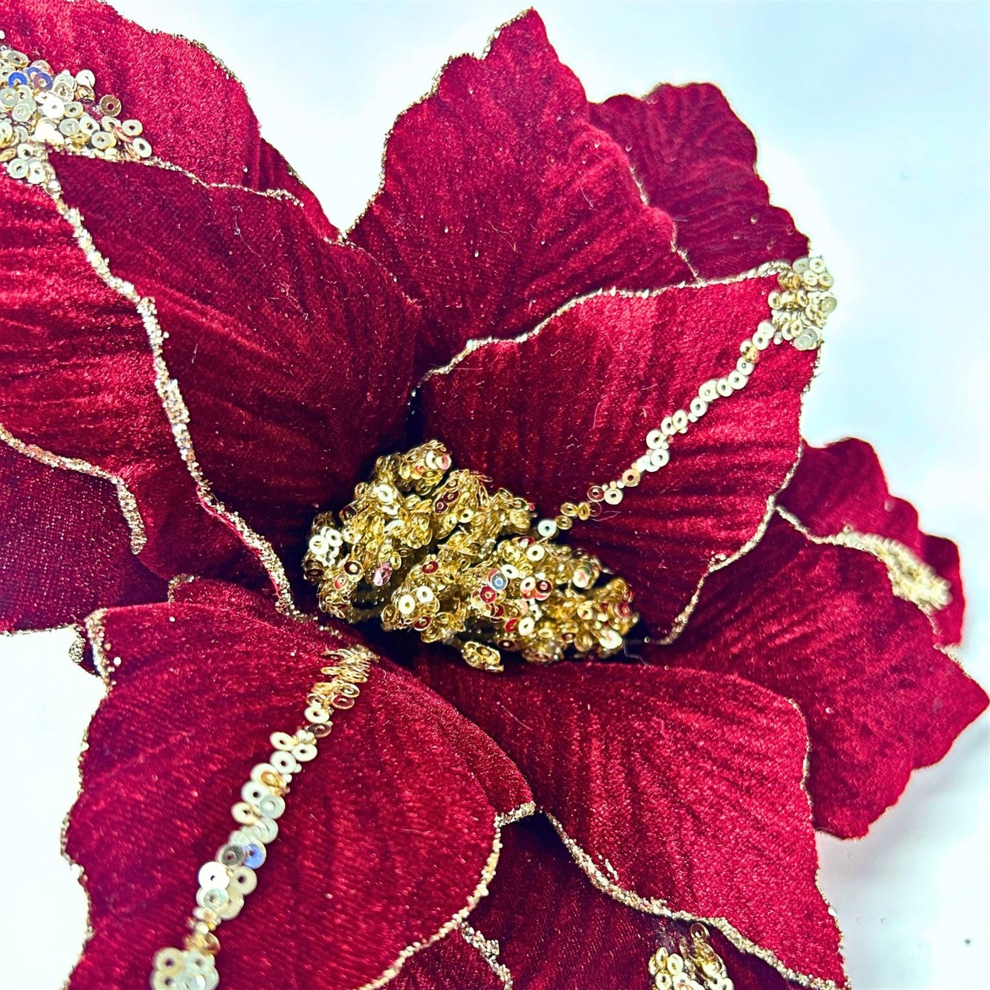 Burgundy Velvet Gold Sequin Poinsettia Stem 23” | KS
