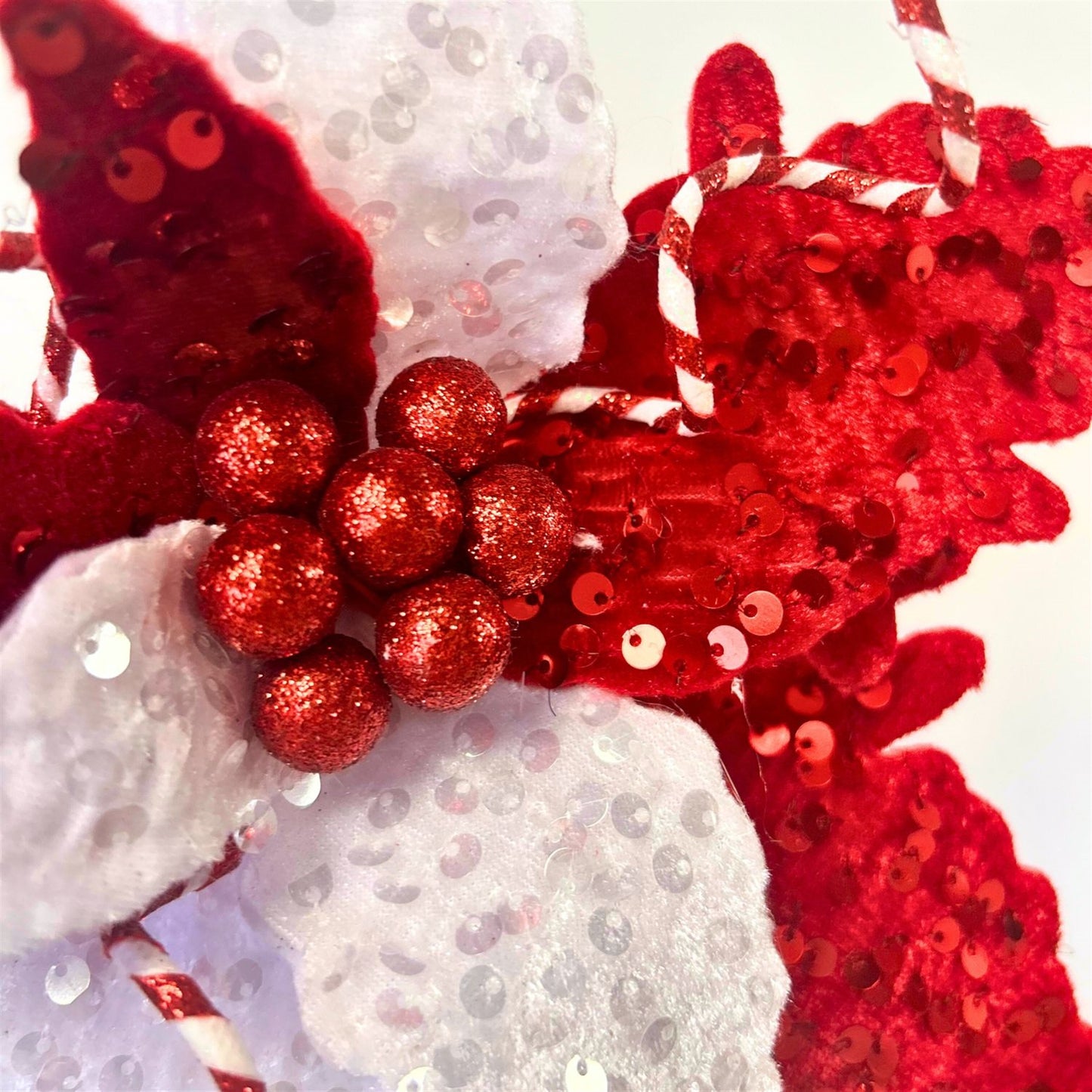Mixed Velvet/Sequin Leaf Poinsettia Stem - Red/White 28” | QP