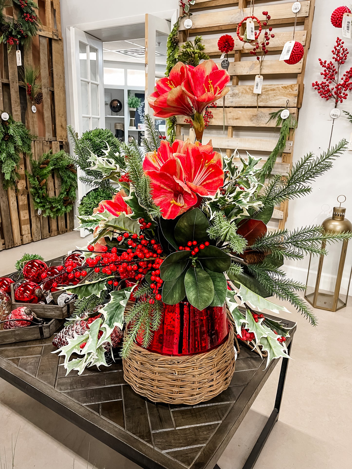 Large 15'' Wilmington Mercury Glass Vase with Woven Basket-Red