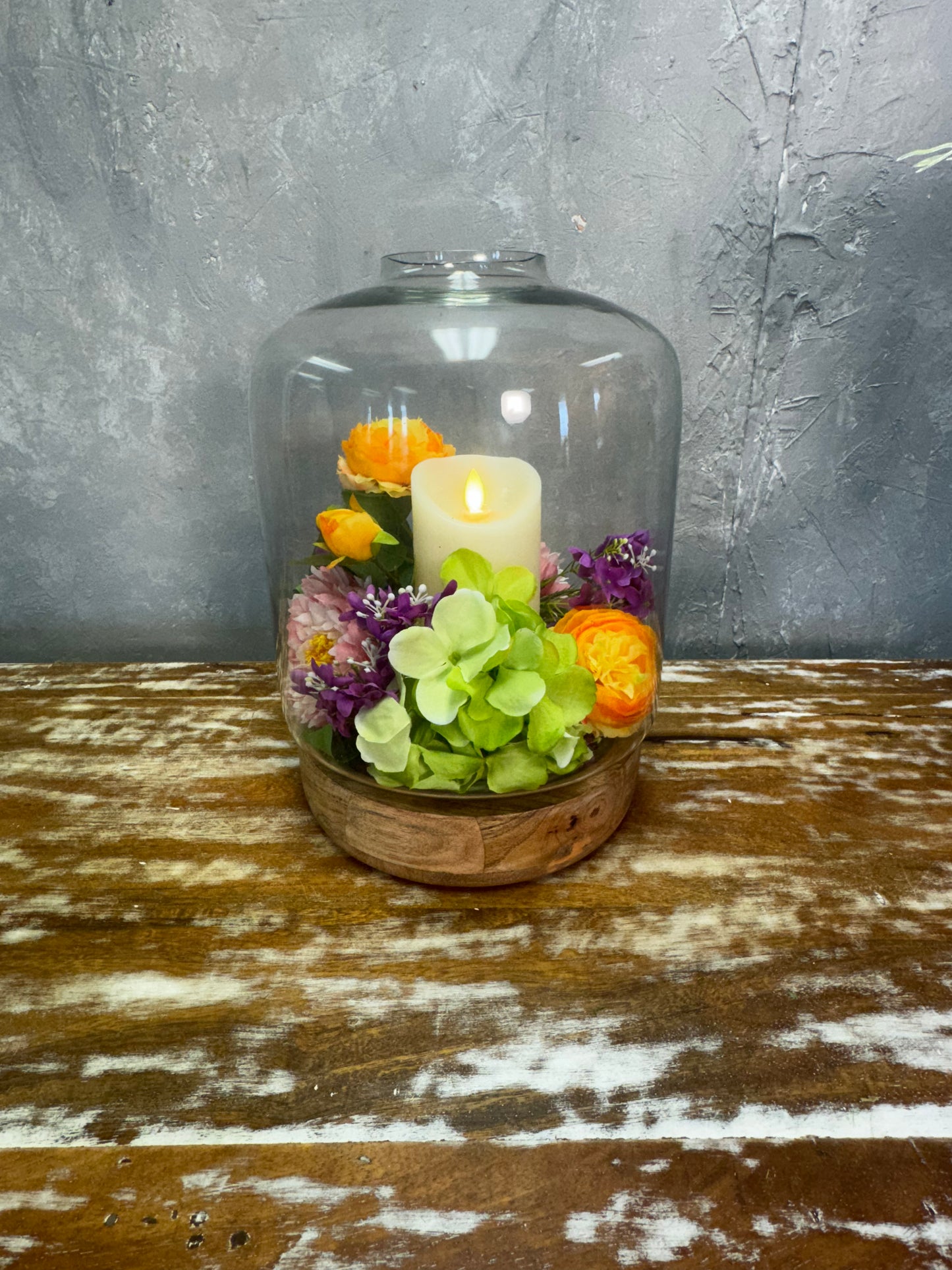 Glass Candle Holder W/Wood Base 11.75" H x 8.5" Dia | SB