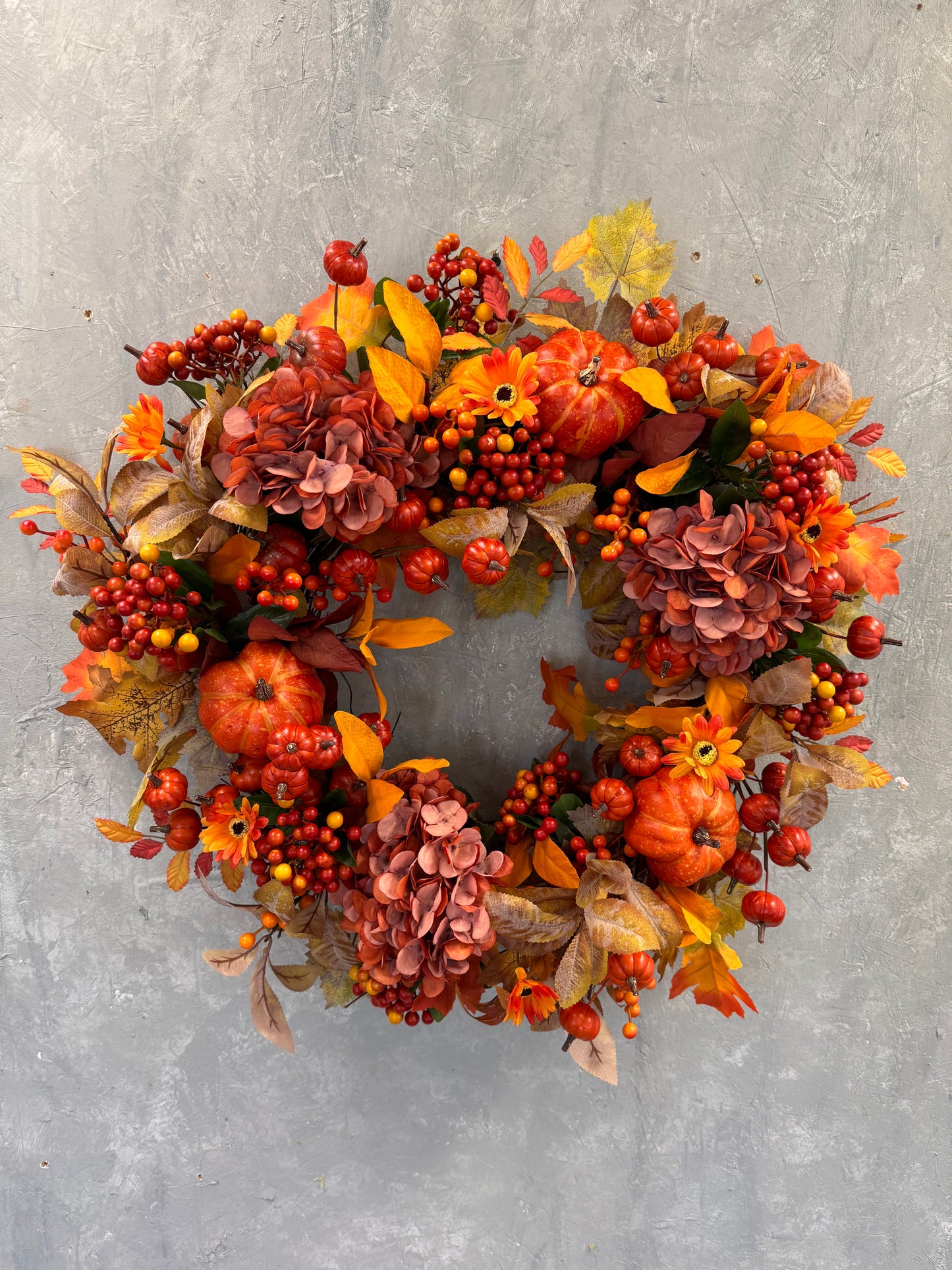 "Autumn Harvest Hydrangea & Mini Pumpkin Wreath" {Completed Wreath}
