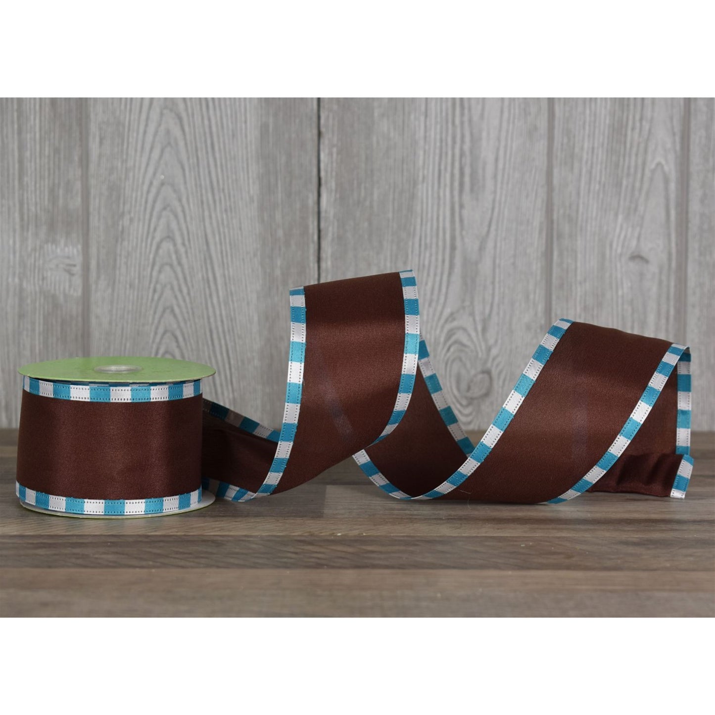 Chocolate Satin w/ Turquoise/ White Block Edge 2.5"x10yd