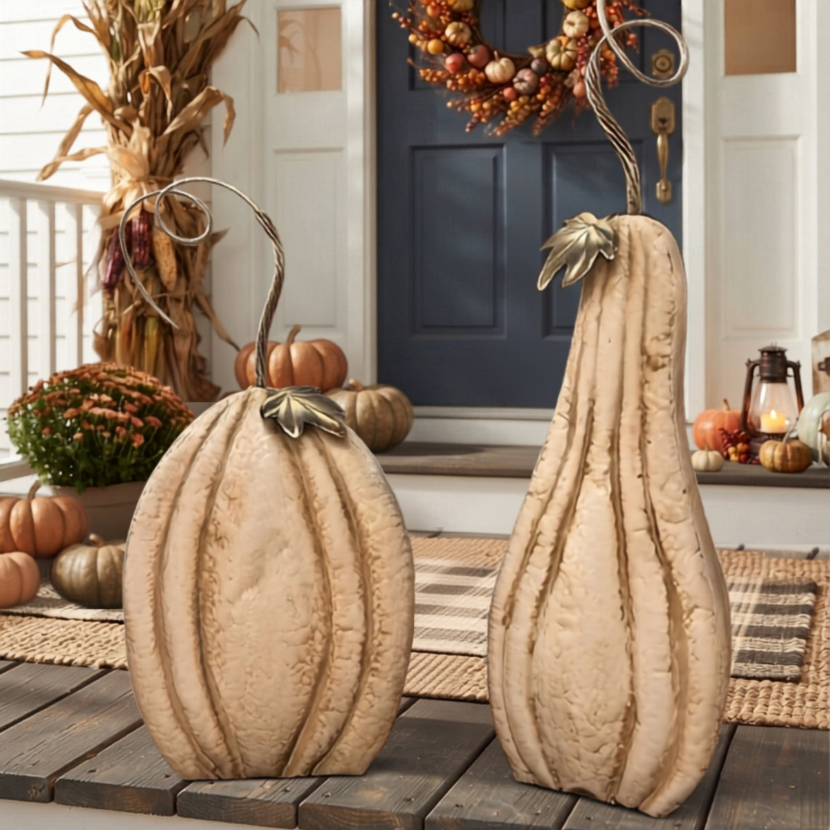 Perfect Antiqued Cream Metal Pumpkin w/ Metallic Leafing (Set of 2) 33.5" & 43.5" | FH