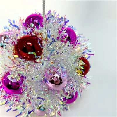 Iridescent Metallic Tinsel Mini Red/Pink/HT Pink Ball Ornament 4.5” |KS