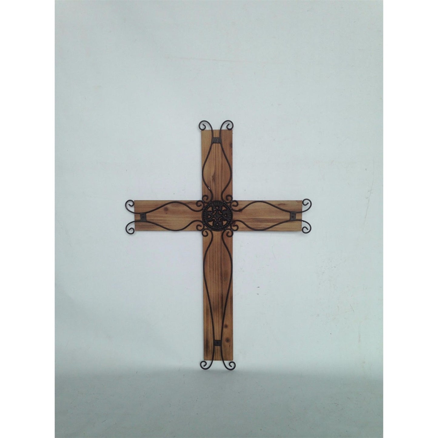 26.5" x 19.5" Metal Cross with Wood Base in Antique Brown | XJE