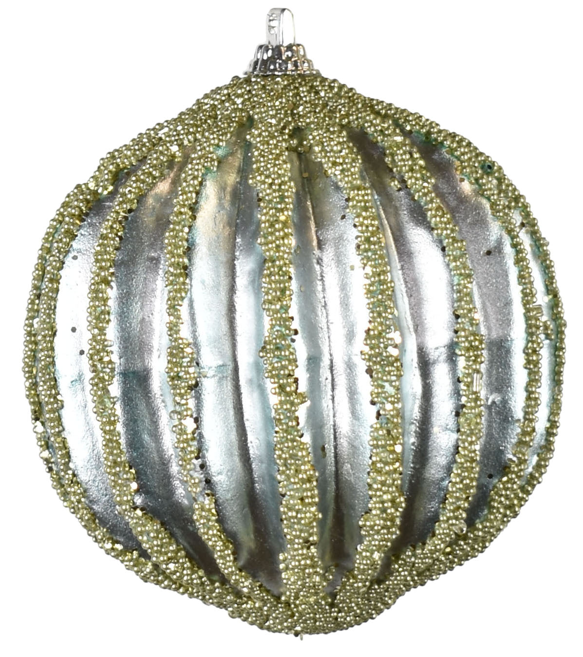 3.75" Metallic Ridged Bead Ball Ornament in Aqua/Sage | TA