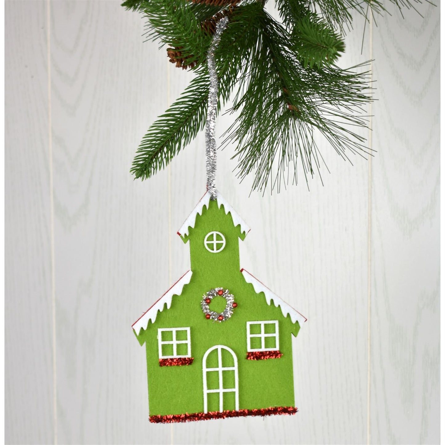 7.5" Retro Felt/Tinsel Church in Green or Gray | TA