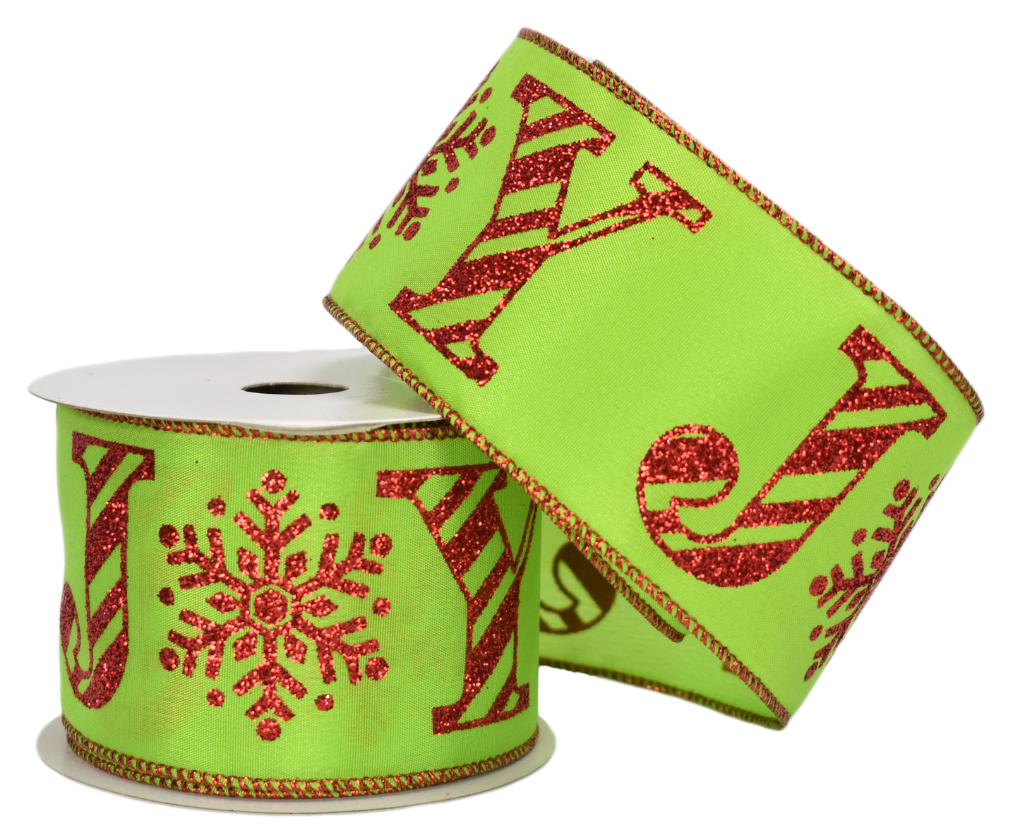Lime with Red Glitter "JOY" Ribbon (2.5" x 10yd)