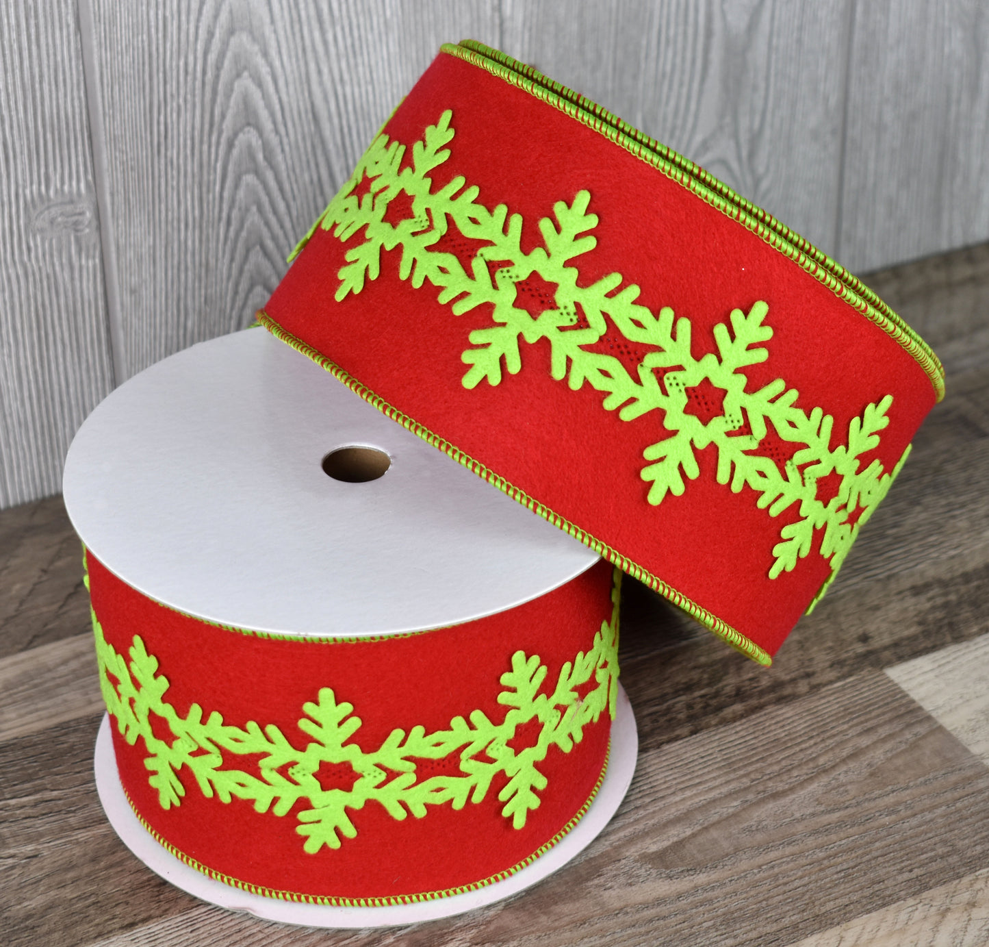 Red Flocking Velvet Center with Lime Snowflake Cut-Out Lime Edge or White Edge (4" x 10yd)