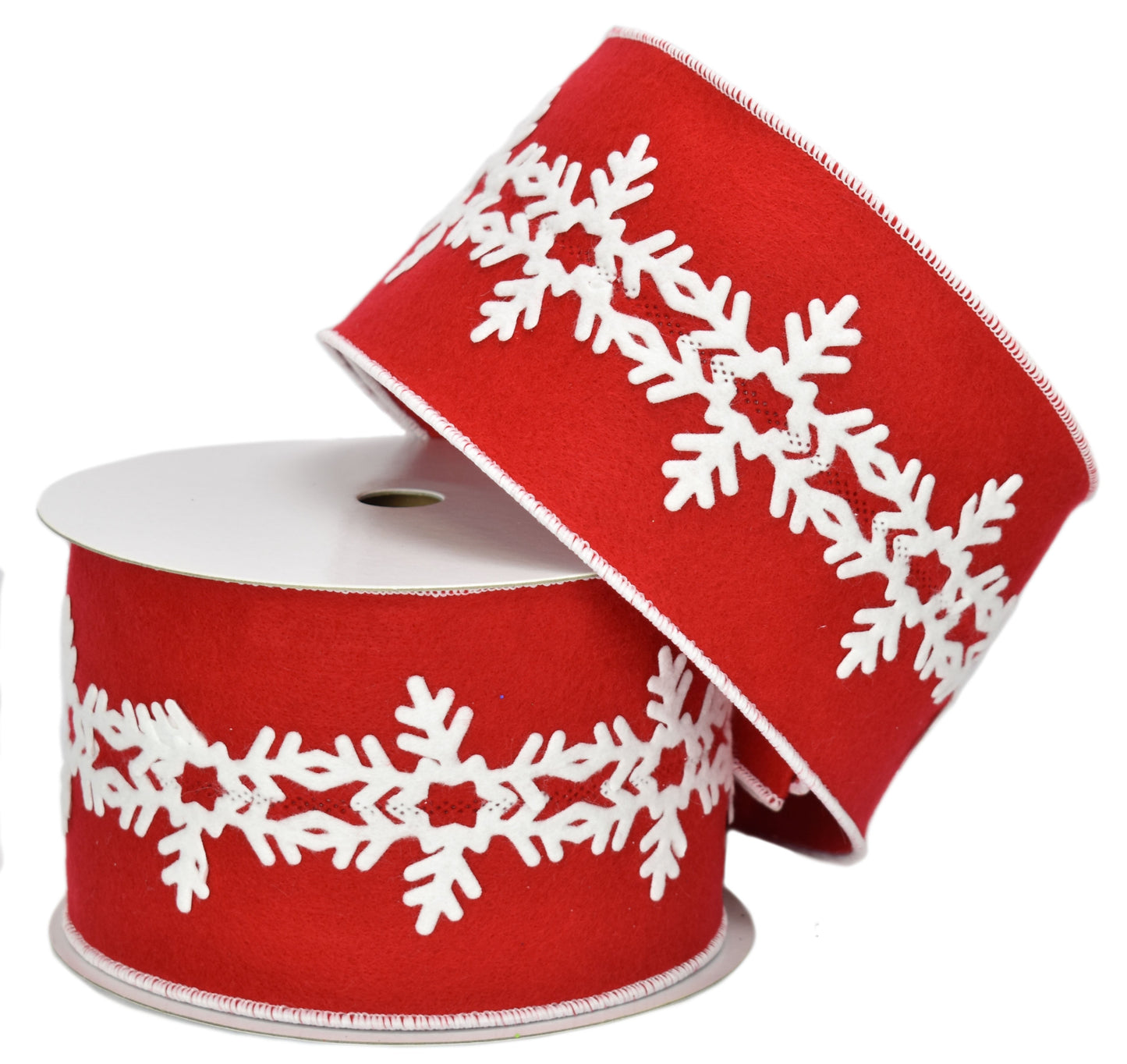 Red Flocking Velvet Center with Lime Snowflake Cut-Out Lime Edge or White Edge (4" x 10yd)