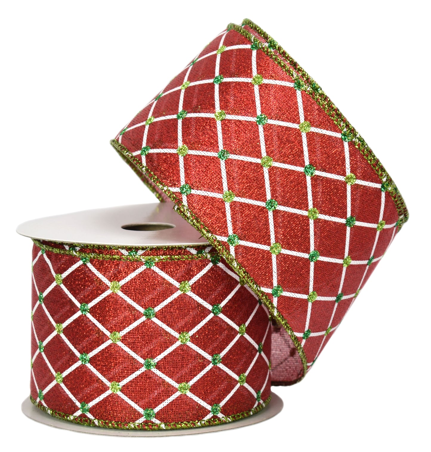 Red Metallic Sheer Ribbon with White Diamond & Green/Lime Glitter Dots (2.5" x 10yd)