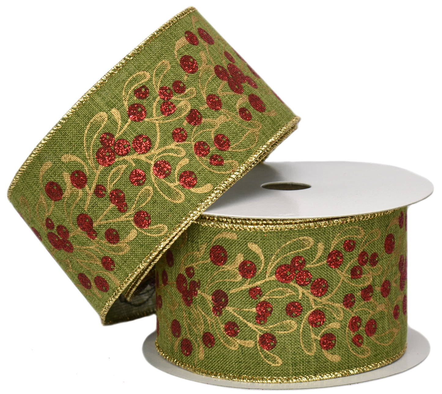 Green with Gold Holly & Red Glitter Berry Ribbon with Gold Edge (2.5" x 10yd)