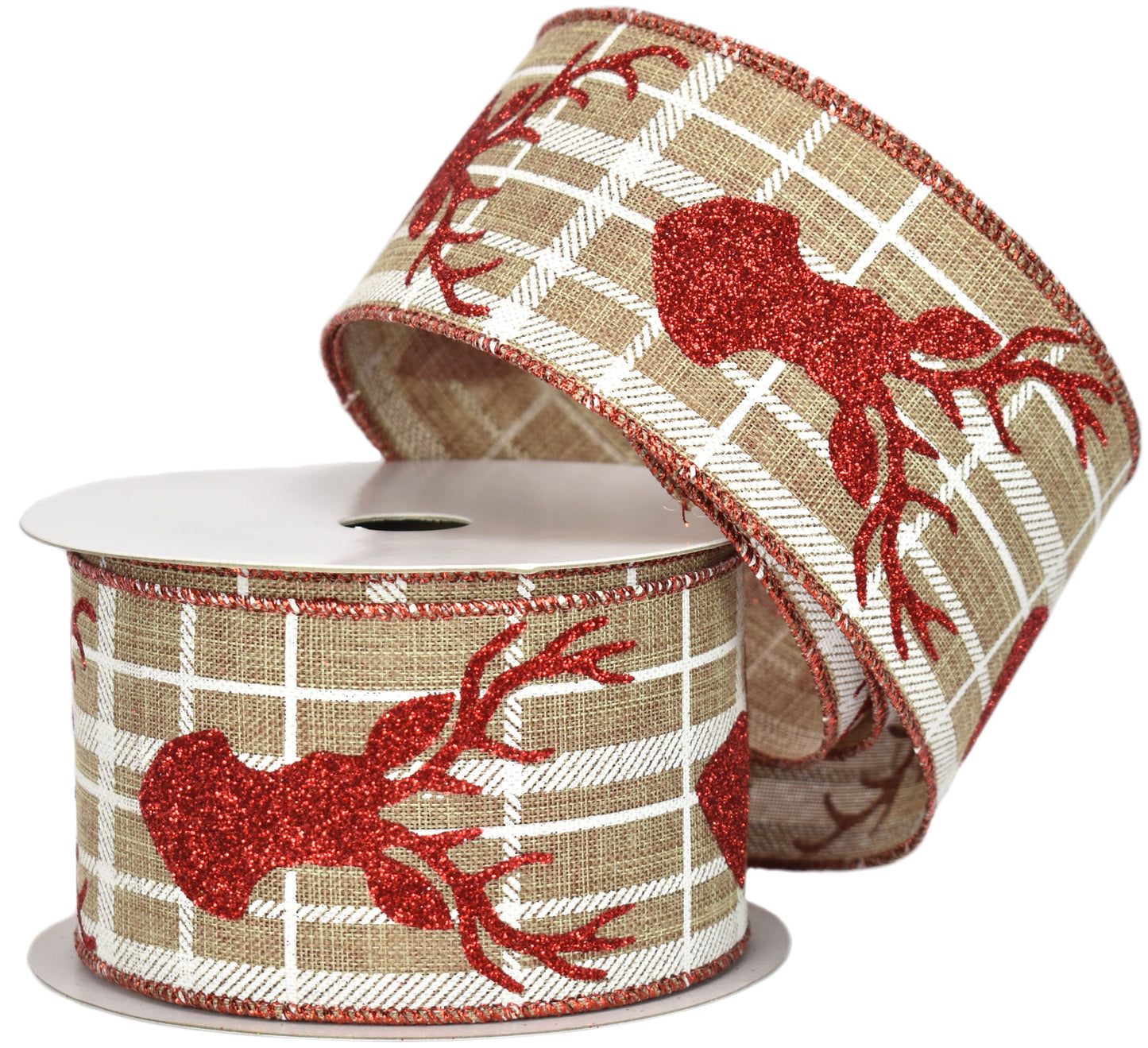 Natural / White Plaid Ribbon with Red Glitter Deer Pattern (2.5" x 10yd)