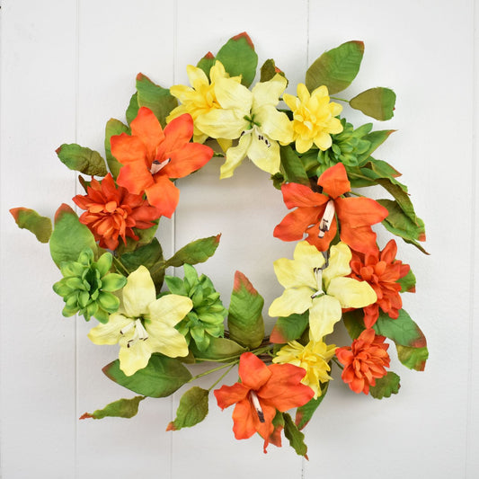 22" Dahlia Lily Wreath in Yellow/Orange | QSE