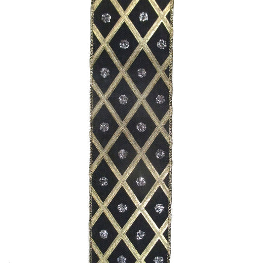 Black w/ Metallic Gold Diamond Print with Silver Dot Ribbon 2.5" x 10yd | YT