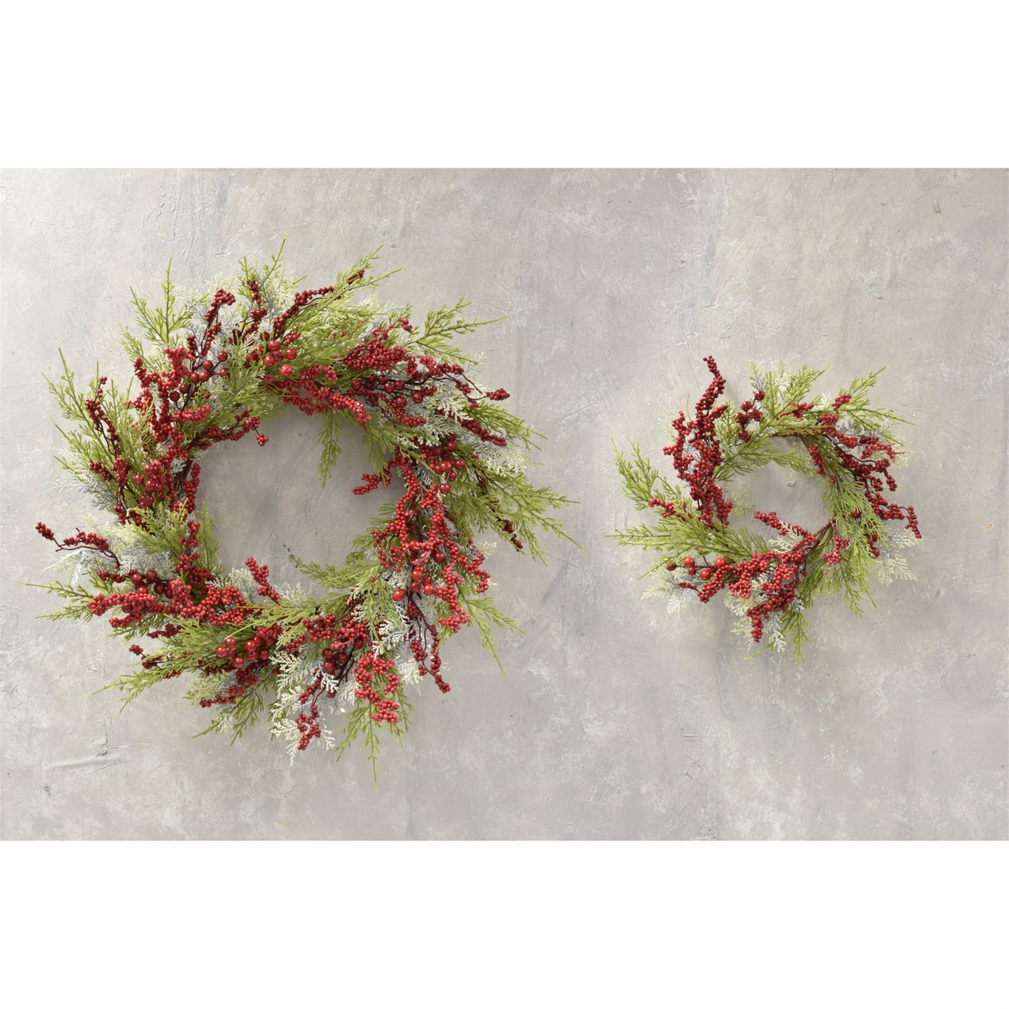 Set of 2 Snow Touched Cypress And Cedar Wreath With Red Berries 20"-30" in Red Green | QDC22