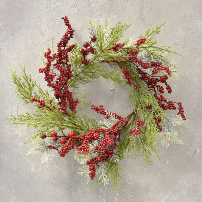 Set of 2 Snow Touched Cypress And Cedar Wreath With Red Berries 20"-30" in Red Green | QDC22