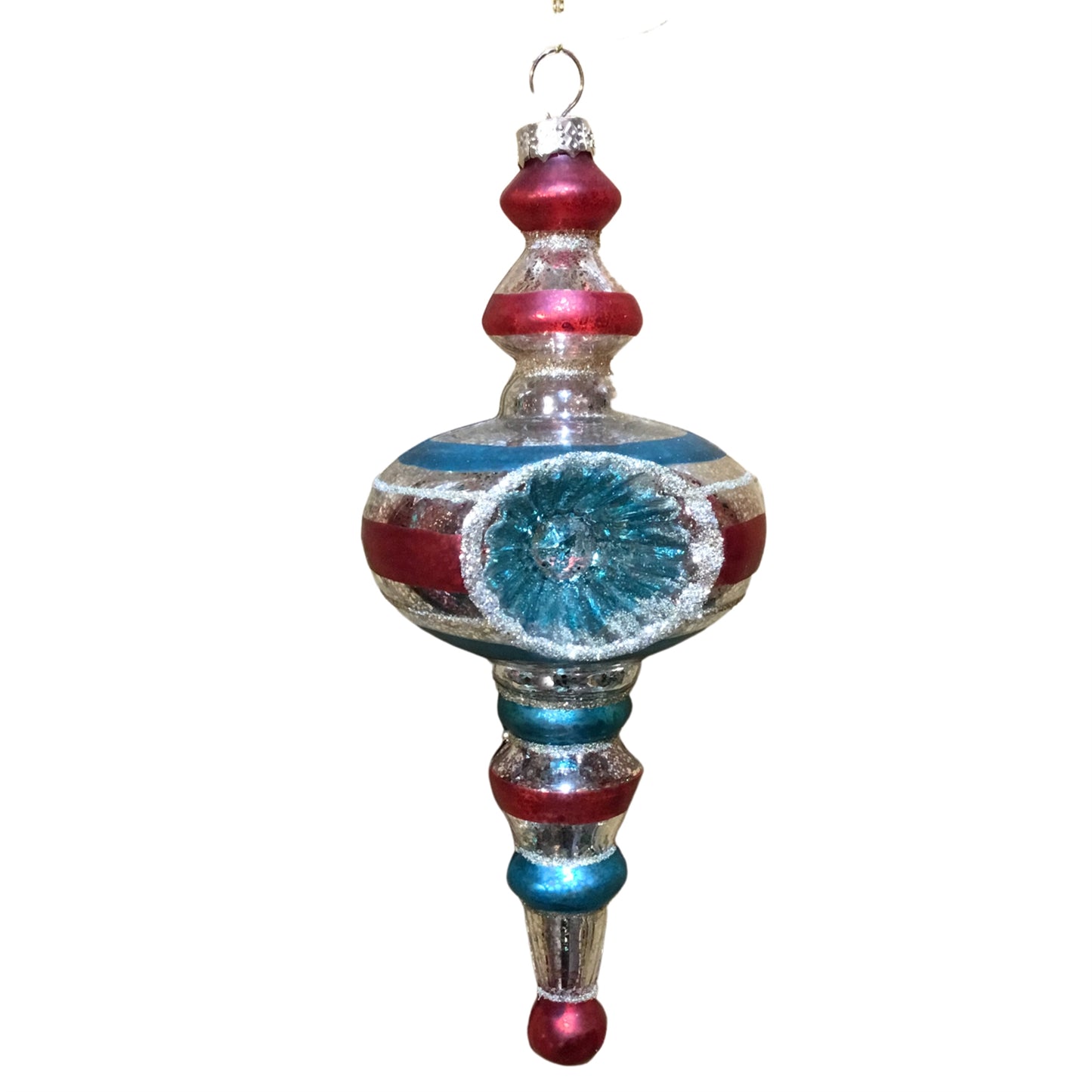 Christmas Cheer Retro Christmas Glass Finial 7.75” - Red/Silver/Blue | GS