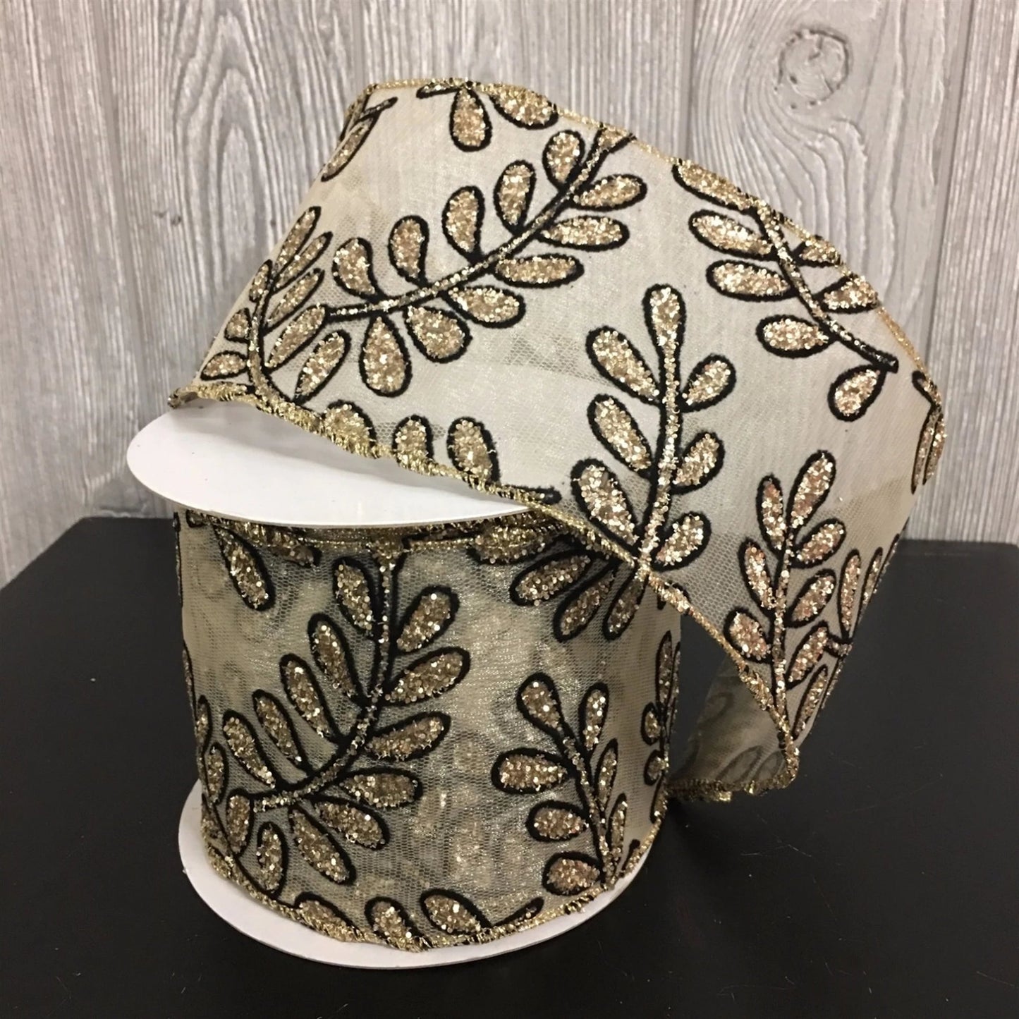 4" X 10YD Glitter Leaf Sheer Ribbon in Black/Gold | YT