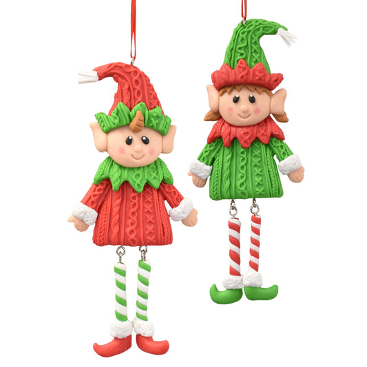Dancing Boy and Girl Elf Ornament 5.75" in Red Green White, Set of 2 | YK
