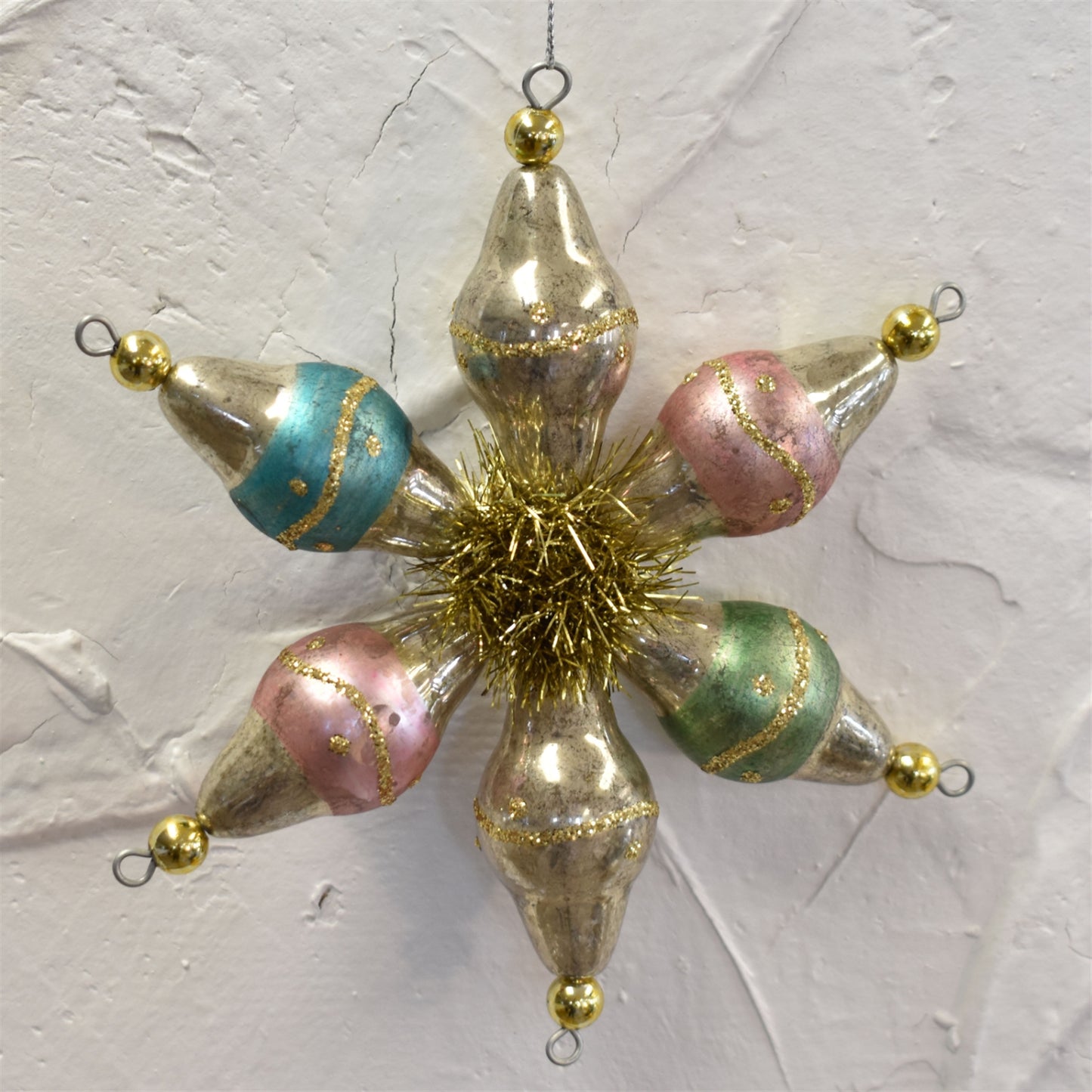 Funky Antique Glass Star Christmas Ornament with Tinsel 7" in Multi | LC