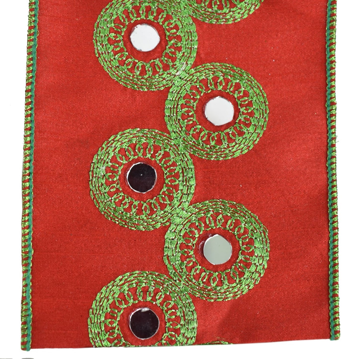 Red Faux Dupioni Ribbon with Mirror Center Green Medallions 4"x 5yd