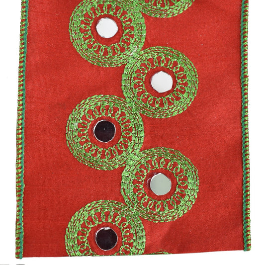 Red Faux Dupioni Ribbon with Mirror Center Green Medallions 4"x 5yd