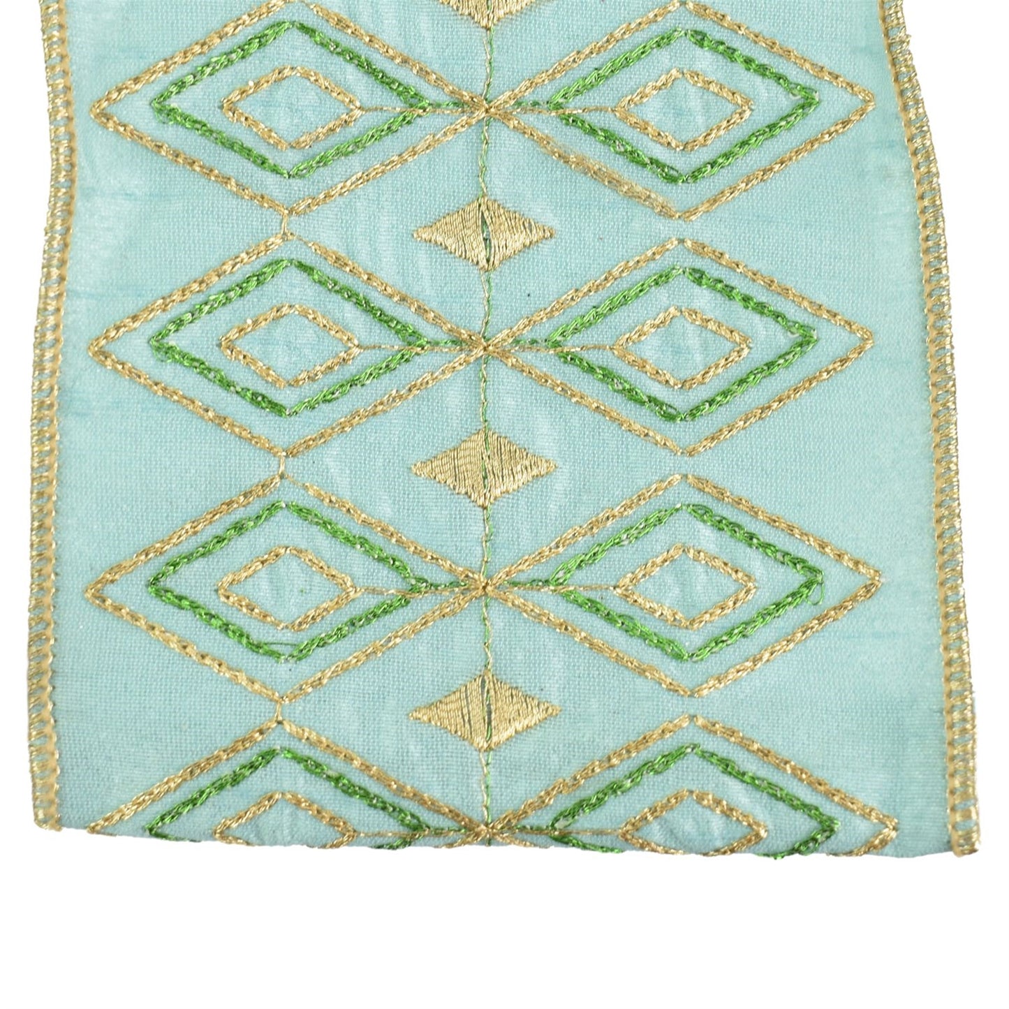 Mint Faux Dupioni Ribbon with Gold and Emerald Diamond Pattern 4" x 10yd