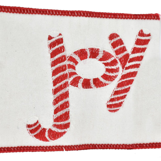 White Faux Dupioni Ribbon with Candy Striped "Joy" 4" x 10yd - IR