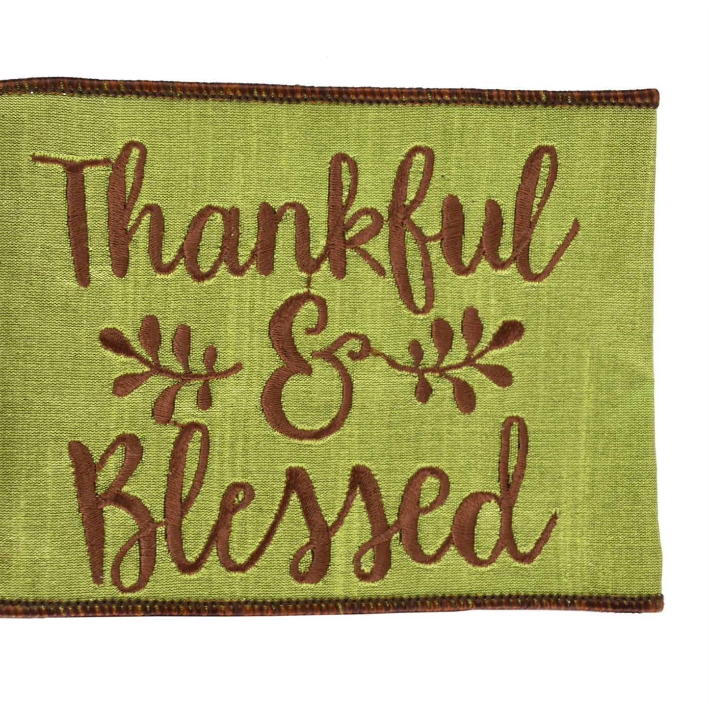 Lemongrass Faux Dupioni "Thankful and Blessed" Brown Embroidery Ribbon with Brown Edge 4" x 10yd