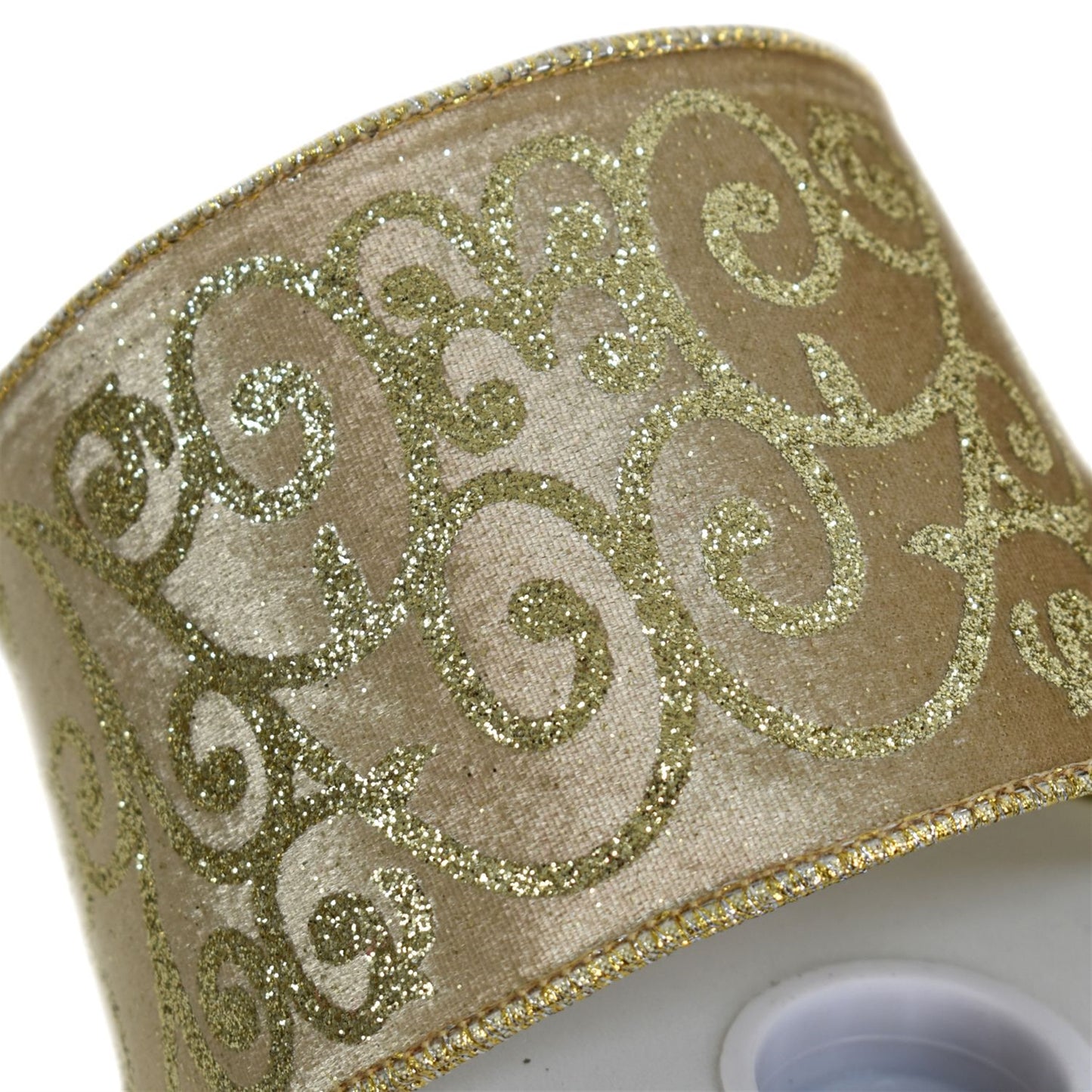 Champagne Velvet Ribbon with Gold Glitter Swirl 4" x 10yd