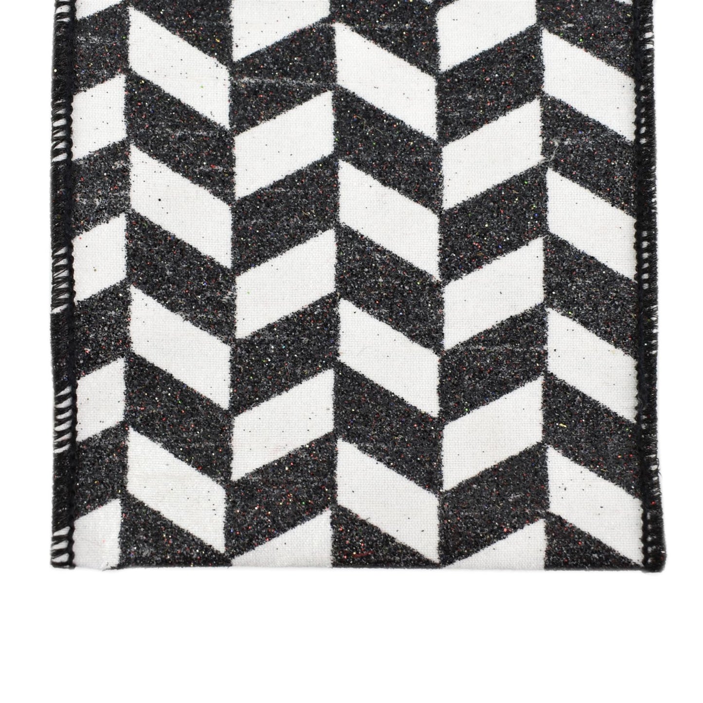 Faux Dupioni Ribbon with Black & White Herringbone Glitter 4" x 10yd