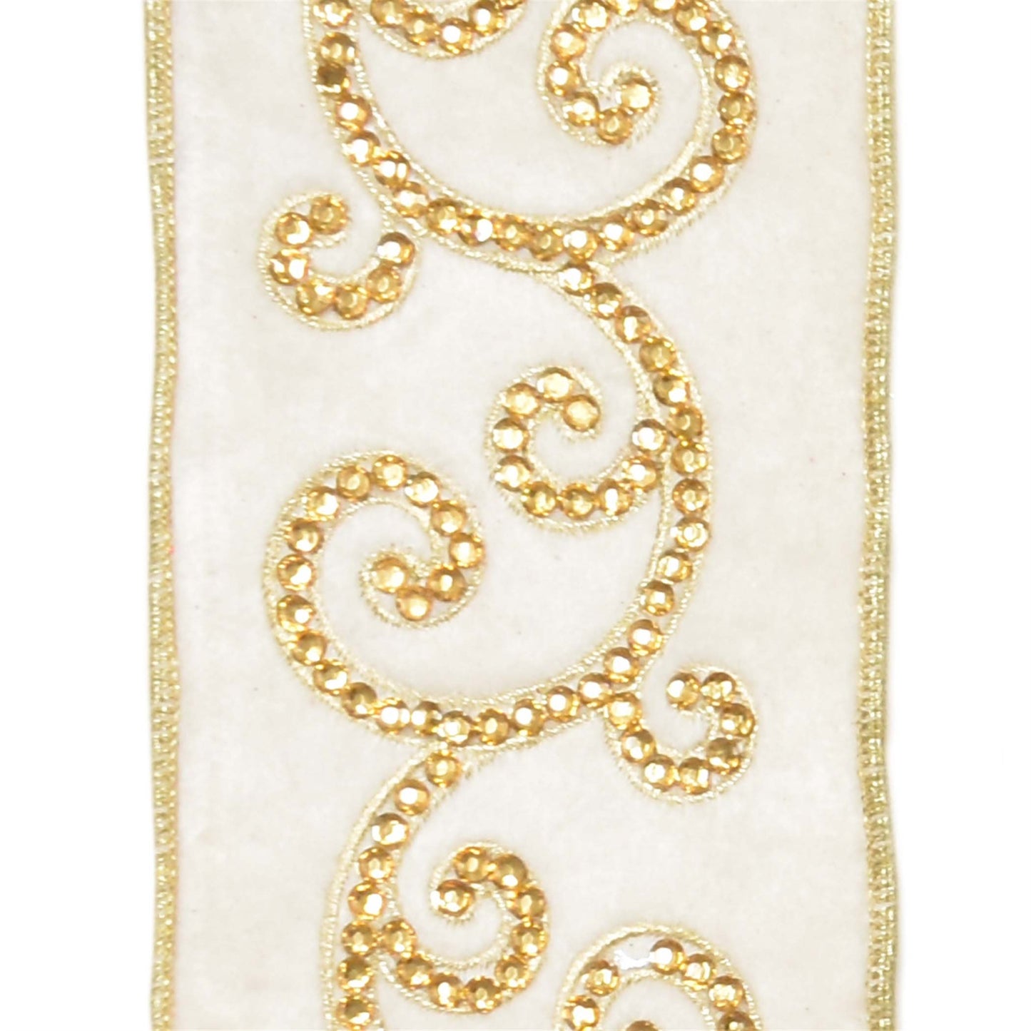Jeweled Scroll Design on Soft Cream Velvet Ribbon 4" x 5YD | IR