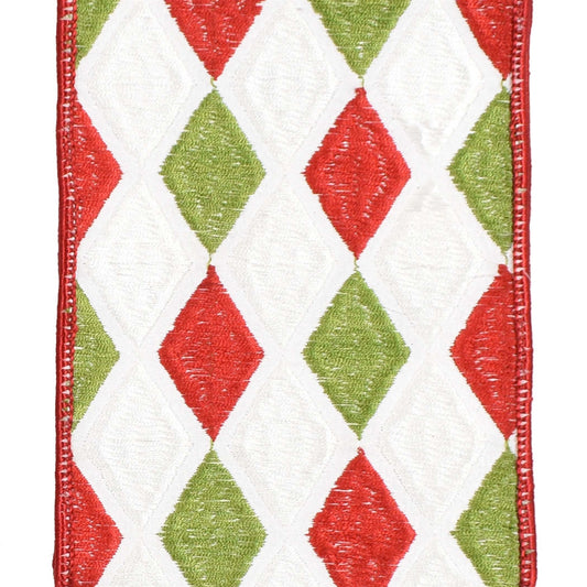 Diamond Embroidered Ribbon 4" x 10YD in Red/White/Green | IRC22