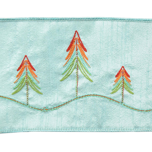 Lt Blue Ribbon with Colorful Embroidered Trees 4" x 10YD | IRC22