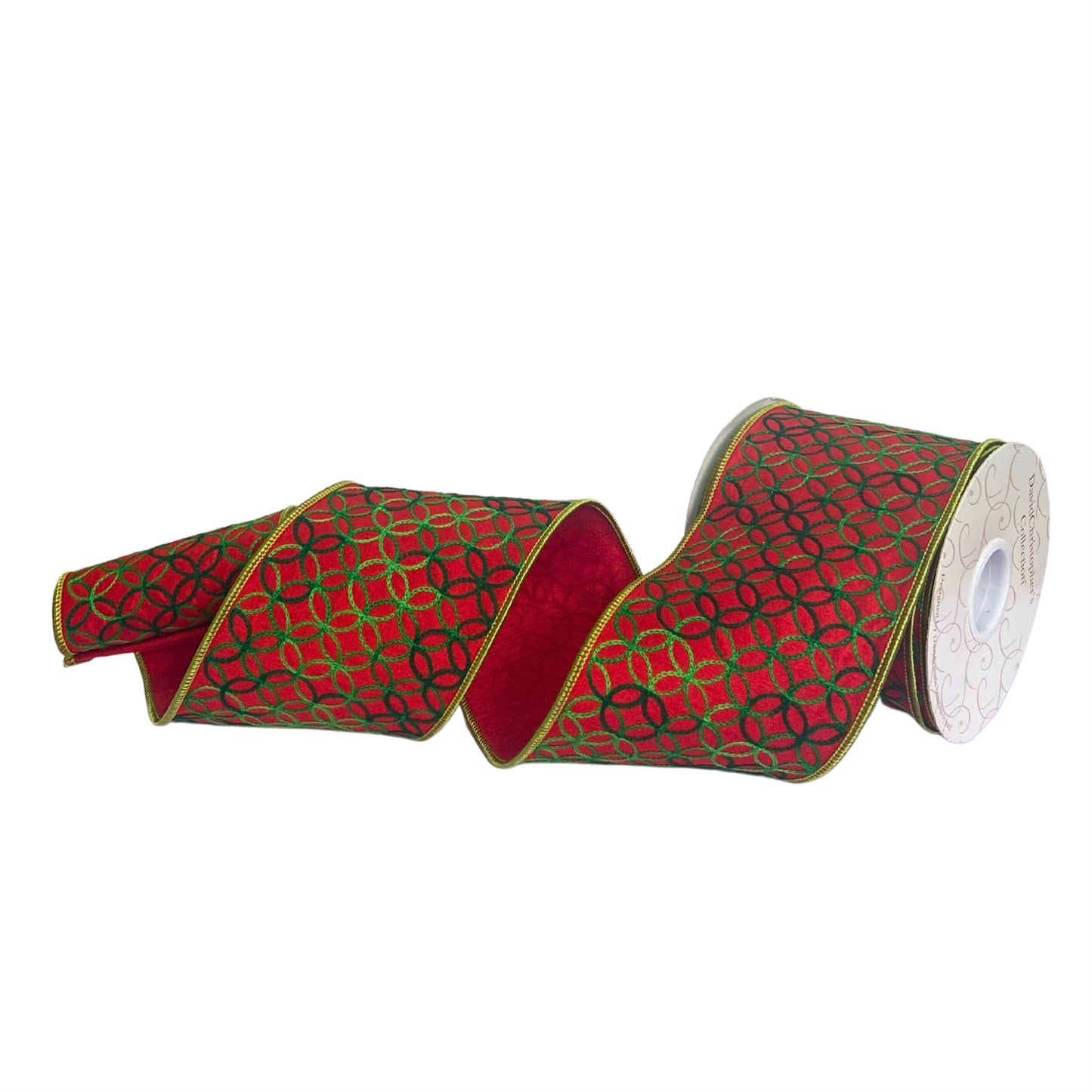 4”X10YD Green chain cercle embroidery on red dupioni with red dupioni back green edge