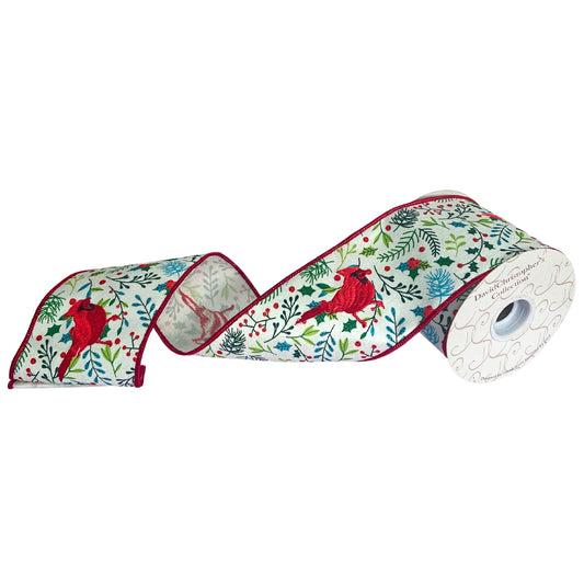 4”X10D Red Cardinal Embroidery on Holly Leaves and Berry Printed Ribbon with White Sheer Back