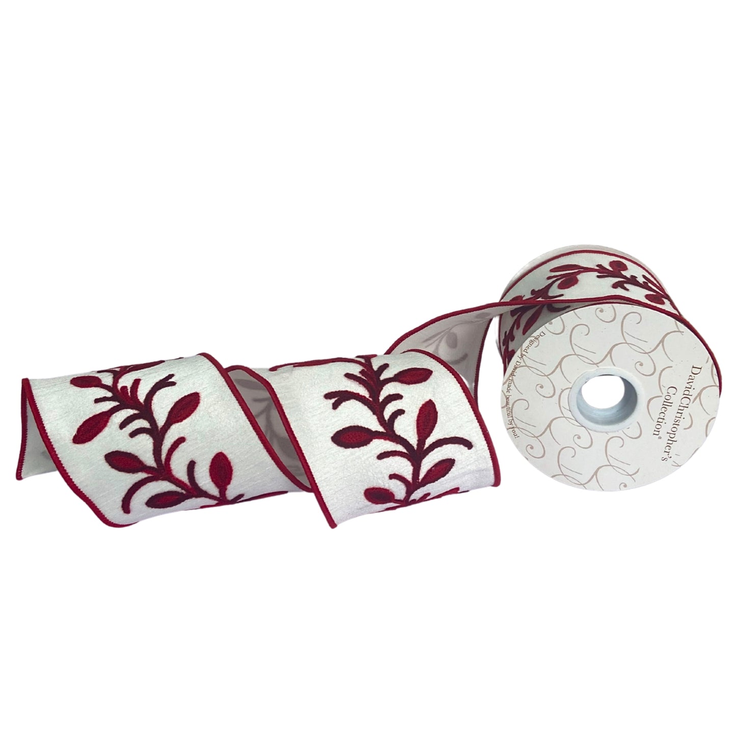 4”X10YD Red Leaf Chain Embroidery on White Dupioni with White Dupioni Back and Dark Red Edge