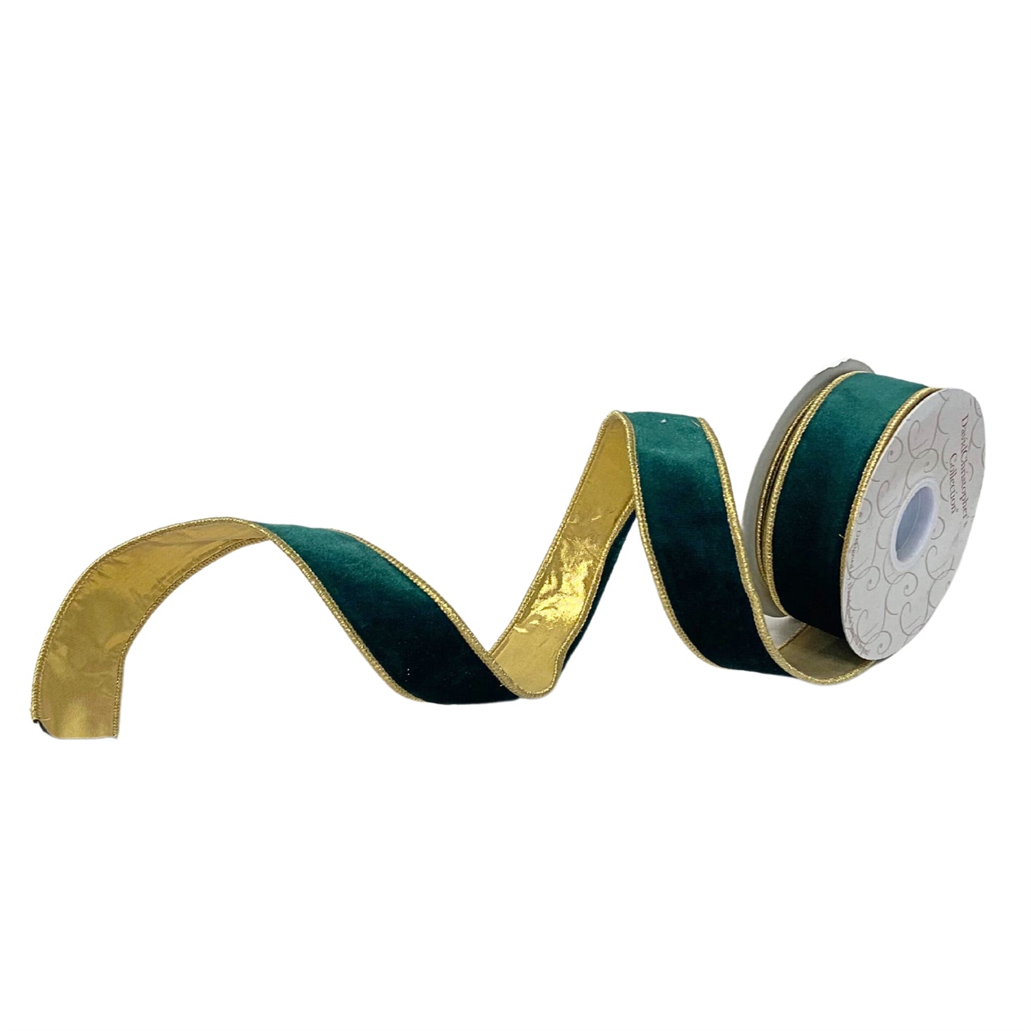 1.5”X10YD dark green velvet ribbon with gold lame back and gold edge