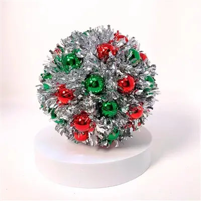 Silver Metallic Tinsel Mini Red and Green Ball Ornament 8.5” |KS