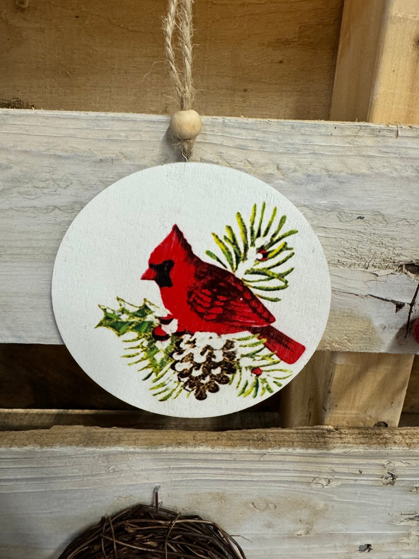 4" Northern Red Cardinal with Pine Cone Disc Ornament | QG