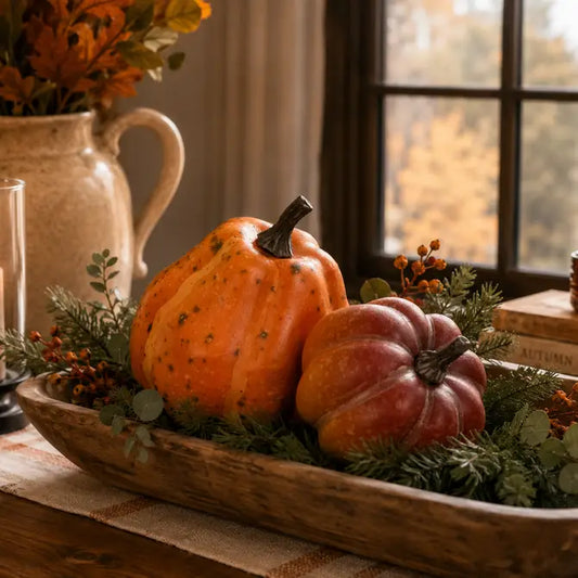 Two decorative pumpkins in a rustic wooden bowl filled with greenery and berries, styled on a table near a window with a ceramic pitcher in the background.