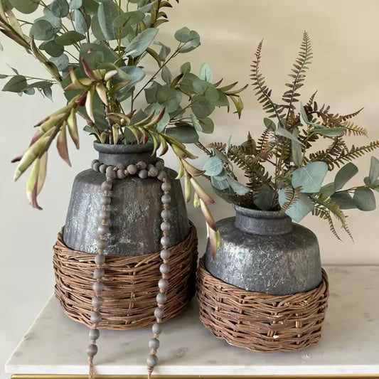 Small 11'' Wilmington Mercury Glass Vase with Woven Basket-Gray