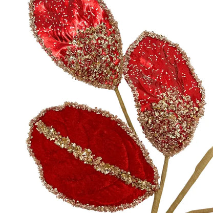 Metallic Velvet Magnolia Leaf Spray - Red/Champagne 27.5”|TA