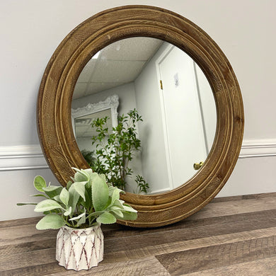 Round Mirror with Brown Wooden Frame